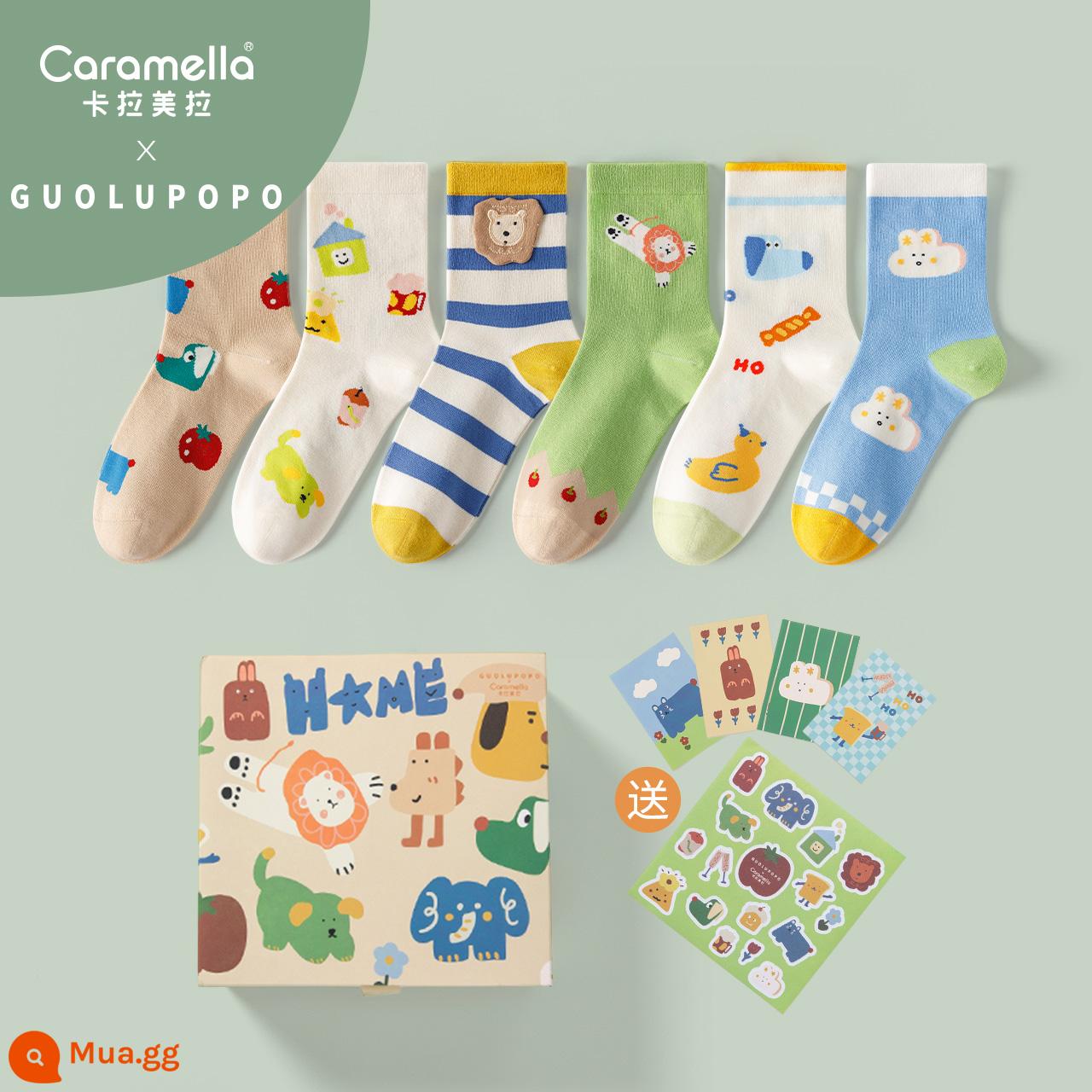 Caramella chung hộp quà vớ nữ ống vừa và ngắn cotton nguyên chất áo khoác ngoài dễ thương mùa xuân vớ cotton ống vừa mùa xuân và mùa thu - mẹ chồng nồi hơi