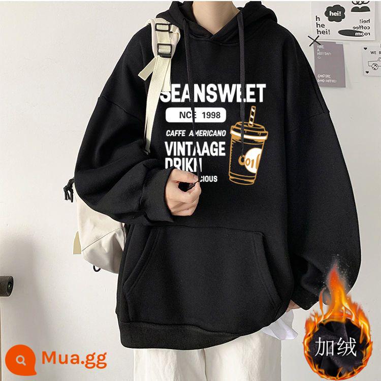 Áo nỉ có mũ trùm đầu mùa xuân và mùa thu bằng cotton nguyên chất hạng nặng dành cho nam giới vào mùa đông cộng với áo khoác học sinh rộng thùng thình thời trang kiểu Mỹ bằng nhung và dày - Đen - Trùm Nhung [Trà Sữa 1998]