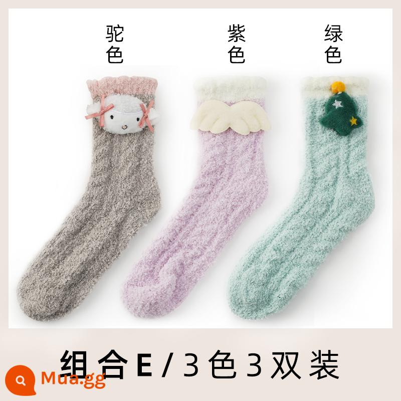 Nỉ mặc tất nữ mùa thu đông giam Plus nhung dày ấm sang trọng dễ thương ngủ nhà sàn cotton - Combo E Camel + Tím + Xanh 3 đôi