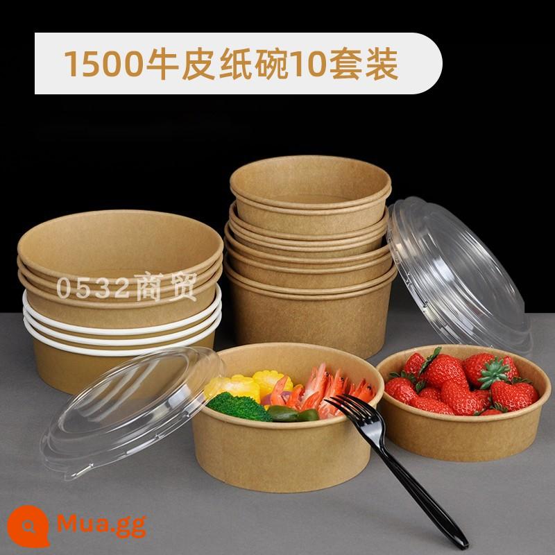 Hộp đóng gói giấy kraft bát giấy dùng một lần hộp dã ngoại tròn bát salad giấy hộp cơm trưa giao hàng hộp thức ăn nhanh hộp trái cây - 10 bộ bát mẫu 1500, chứa khoảng 1200ml nước