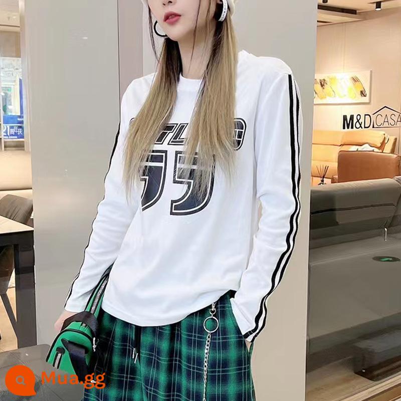 Phù hợp với thể thao giải trí nữ mùa thu dài -Sleeved cotton t -shirts Lattone Work phôi quần Hip -hop High Street Two -Chuẩn bị dịch vụ nhóm nhảy kéo - Áo thun trắng