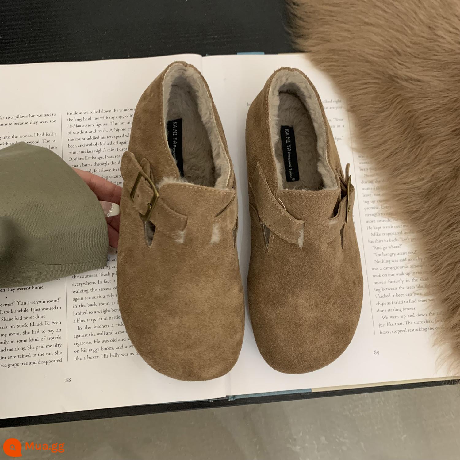 Giày Lông Plus Nhung Giày Đơn Nữ Thu Đông 2022 Doudou Giày Slip-On Cho Nữ Da Thật Ấm Áp Birken Giày Cotton - Lạc đà [cộng với nhung]