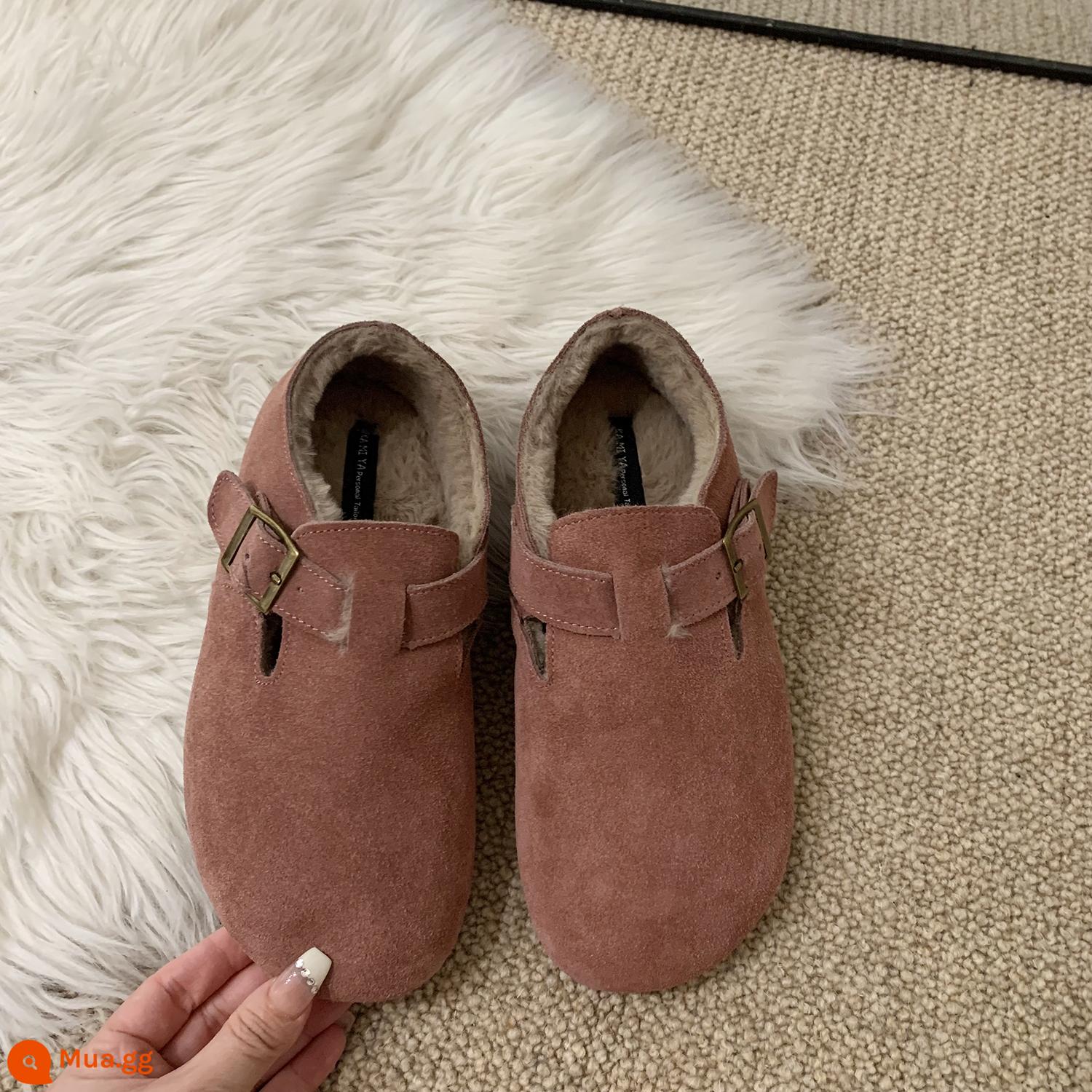 Giày Lông Plus Nhung Giày Đơn Nữ Thu Đông 2022 Doudou Giày Slip-On Cho Nữ Da Thật Ấm Áp Birken Giày Cotton - Cà chua đỏ [cộng với nhung]