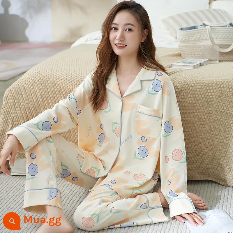 Langsha Bộ Đồ Ngủ Nữ Cotton Nguyên Chất Dài Tay Xuân Thu 2023 Thu Đông Nữ Mới Kích Thước Lớn Mặc Ở Nhà bộ Đồ Mùa Hè - A34480 [Bộ vest dài tay cotton nguyên chất]