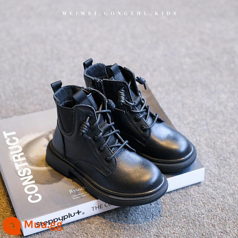 Trẻ em da Martin Boots 2022 Mùa xuân và mùa thu Công chúa mới Giày ngắn Mùa thu và mùa đông cộng với Boys Velvet Boys Fried Street Boots - đen