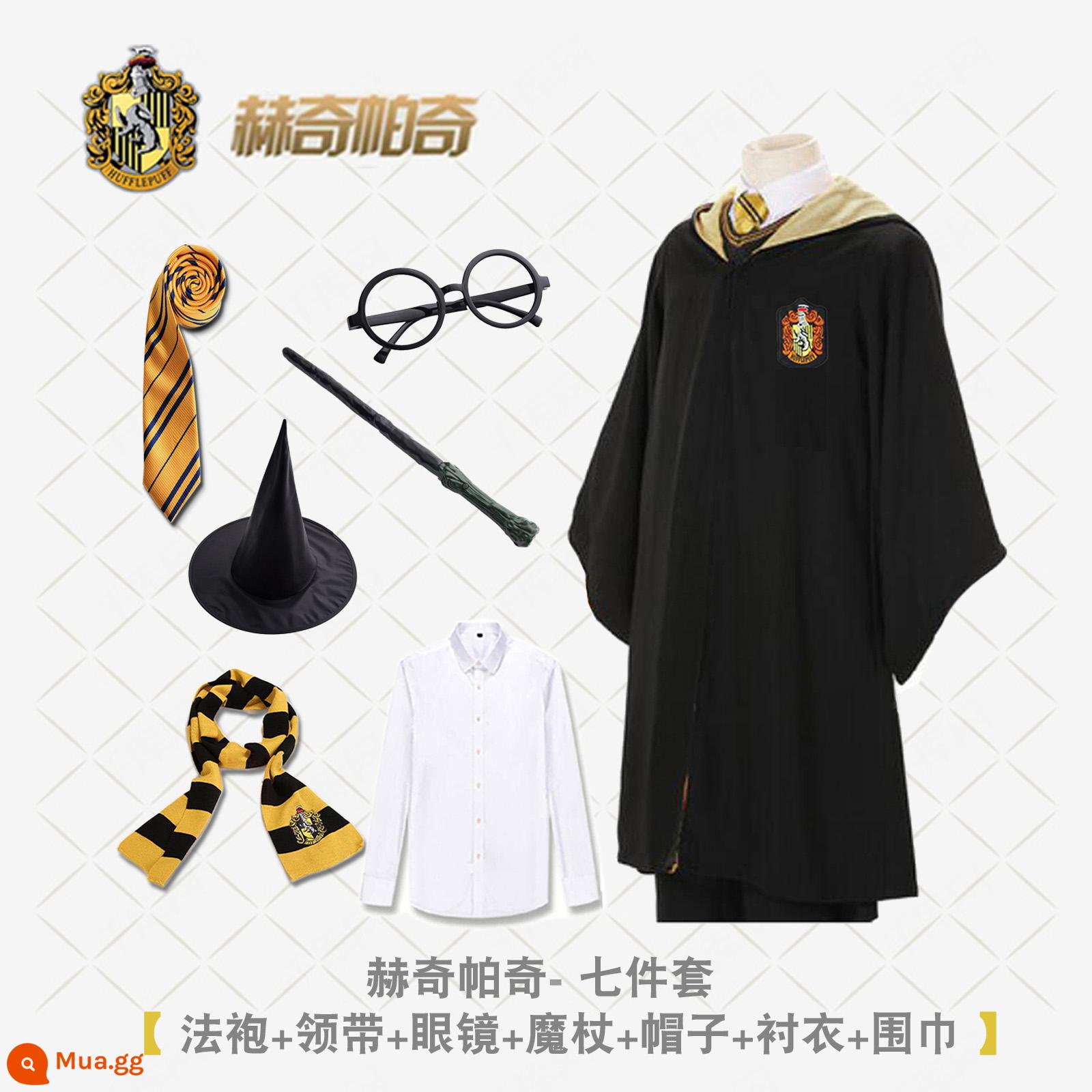 Bướm Harry's Potter Cosplay Quần áo Grandma Fensin Dostlin Magic Robe School Đồng phục học viện - Áo choàng Hufflepuff + cà vạt + khăn quàng cổ + kính + đũa phép + áo + mũ