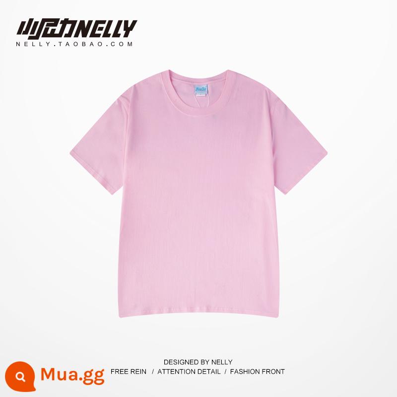 Xiao Nili retro phù hợp với tất cả cotton nguyên chất màu trơn áo sơ mi ngắn tay có đáy rộng Áo thun nam và nữ Áo thun quần áo ngắn tay hợp thời trang - Hồng