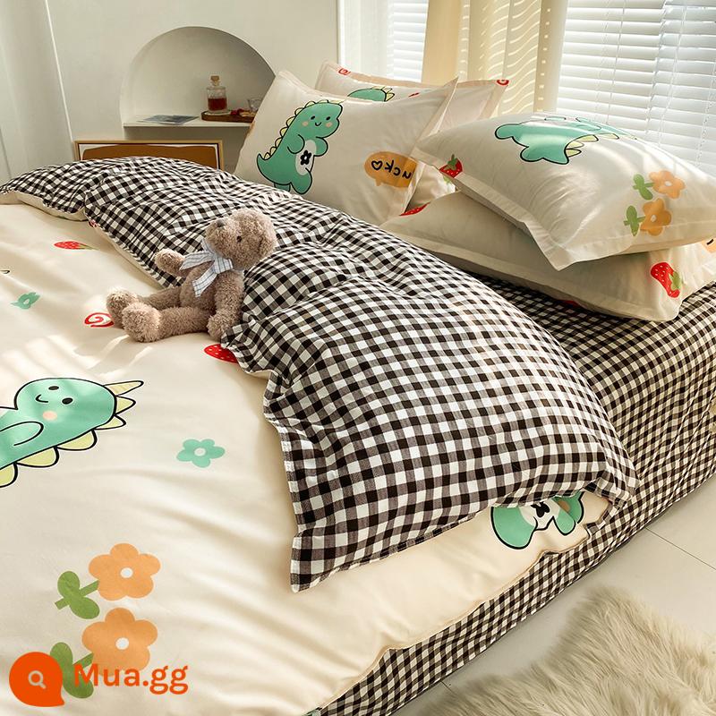 4 Bộ Ga Giường Cotton Rửa Sạch Nam Vỏ Chăn Vỏ Chăn Mùa Đông Ký Túc Xá Học Sinh Đơn Mùa Đông Chăn Ga Gối Bộ 3 - YC-Khủng Long Nhỏ