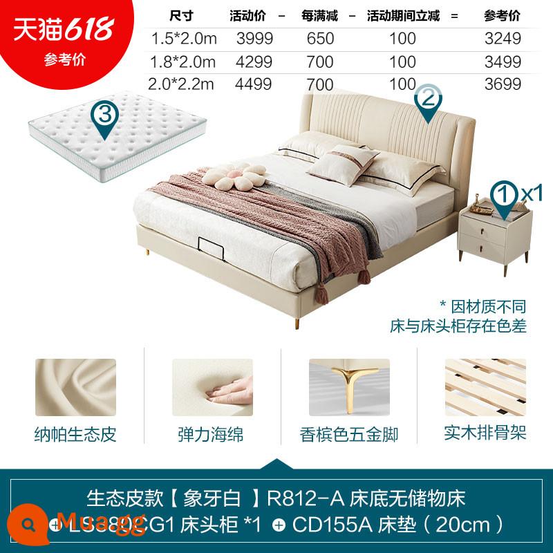 Lin's Home Furniture Nội thất giường vải sang trọng ánh sáng hiện đại Phòng ngủ chính Hộ gia đình Tựa lưng mềm Nội thất giường đôi màu đỏ Nội thất gỗ công nghiệp của Lin - [Giường thường | Da sinh thái | Trắng ngà] Giường R812-A + nệm + bàn đầu giường bằng đá phiến