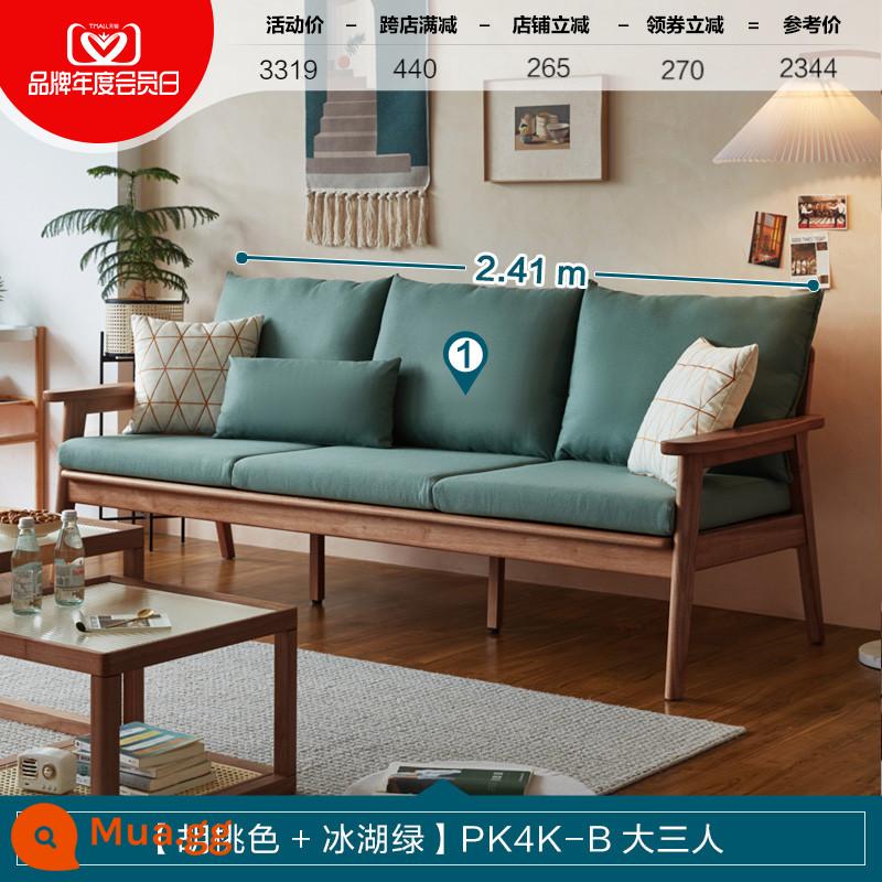 Lin's Home Sofa gỗ nguyên khối phong cách Nhật Bản phòng khách căn hộ nhỏ nội thất gỗ đơn giản 2023 mới Lin's Wood Industry PK - [Quả óc chó + Xanh hồ băng] Sofa ba người cỡ lớn PK4K-B [Giao hàng nhanh + Lắp đặt]