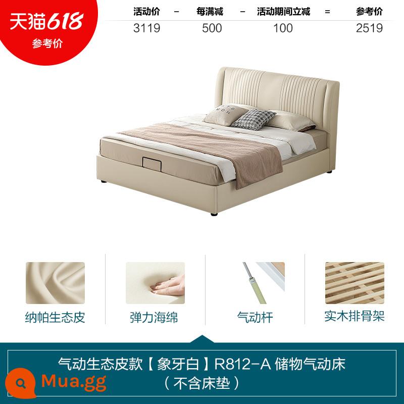 Lin's Home Furniture Nội thất giường vải sang trọng ánh sáng hiện đại Phòng ngủ chính Hộ gia đình Tựa lưng mềm Nội thất giường đôi màu đỏ Nội thất gỗ công nghiệp của Lin - [Giường hộp cao cấp | Da sinh thái | Trắng ngà] Giường R812-A (không bao gồm nệm)