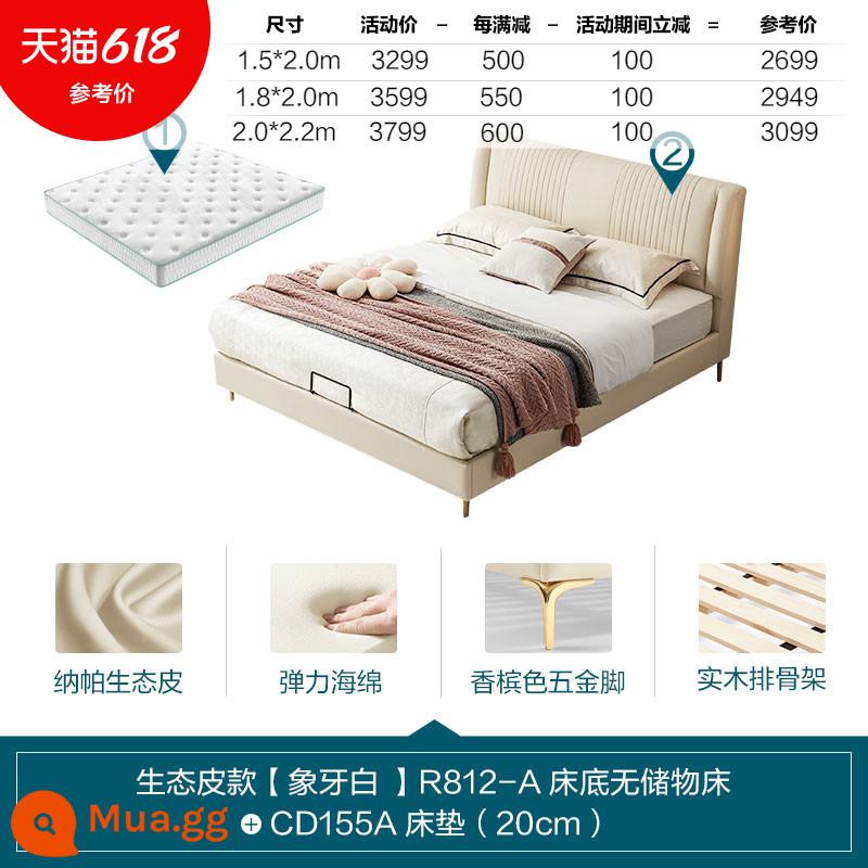 Lin's Home Furniture Nội thất giường vải sang trọng ánh sáng hiện đại Phòng ngủ chính Hộ gia đình Tựa lưng mềm Nội thất giường đôi màu đỏ Nội thất gỗ công nghiệp của Lin - [Giường thường | Da sinh thái | Trắng ngà] Giường + nệm R812-A