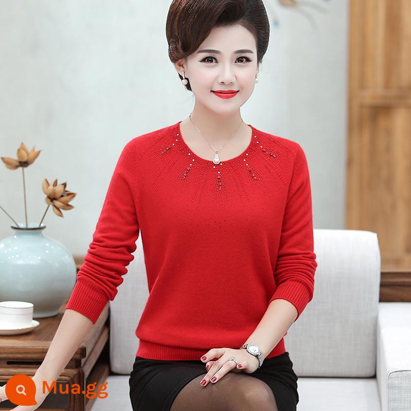 Áo len cashmere trung niên của phụ nữ 100 len nguyên chất áo khoác ngoài phong cách nước ngoài thu đông dệt kim áo len lông cừu chồn trung niên và cao tuổi - màu đỏ