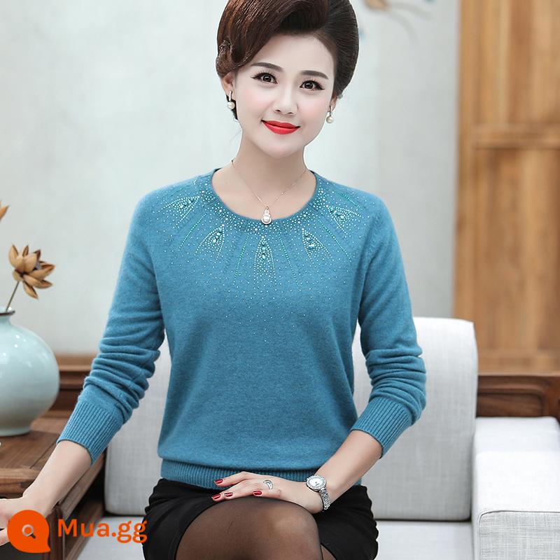 Áo len cashmere trung niên của phụ nữ 100 len nguyên chất áo khoác ngoài phong cách nước ngoài thu đông dệt kim áo len lông cừu chồn trung niên và cao tuổi - cái hồ màu xanh