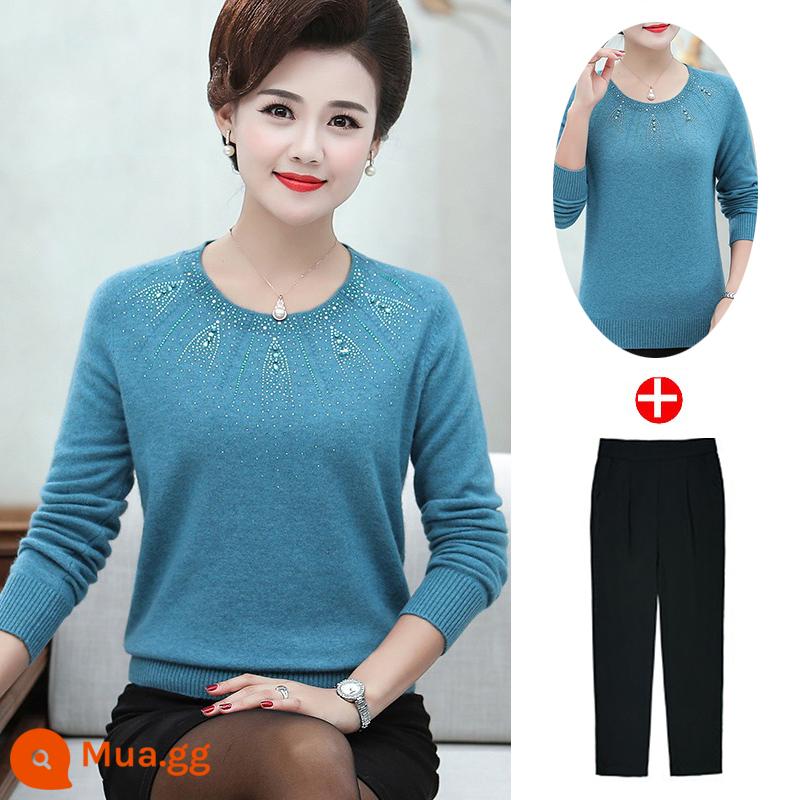 Áo len cashmere trung niên của phụ nữ 100 len nguyên chất áo khoác ngoài phong cách nước ngoài thu đông dệt kim áo len lông cừu chồn trung niên và cao tuổi - Hồ xanh + quần