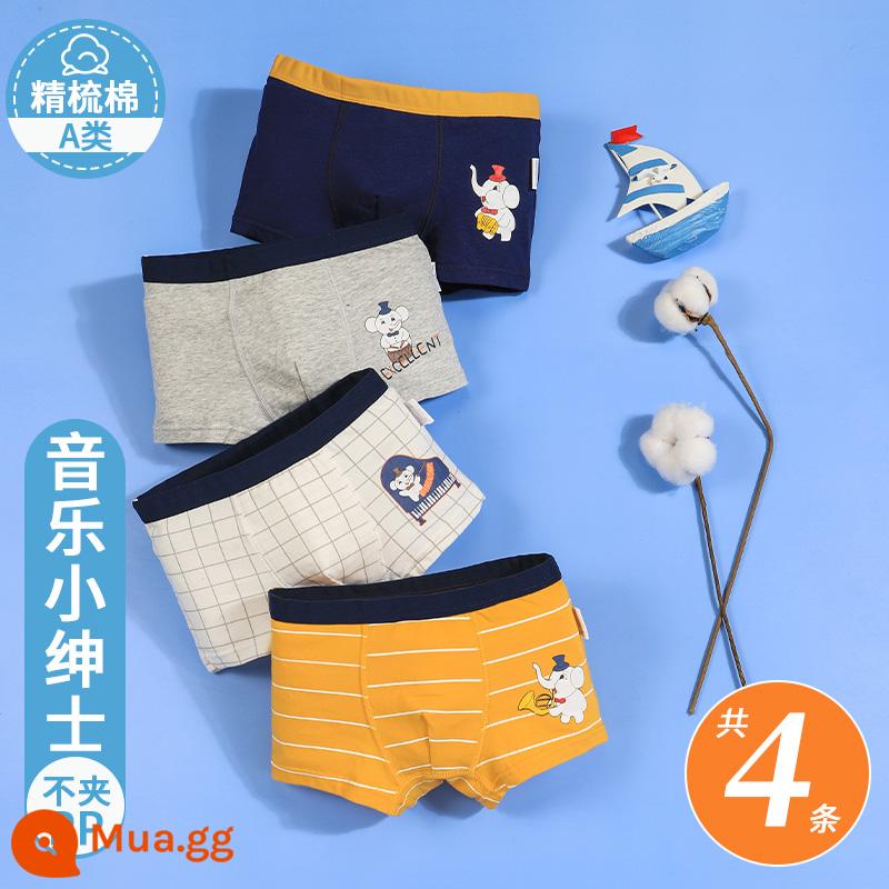 Quần lót trẻ em bé trai cotton quần boxer bé trai cotton trung và lớn quần boxer bé trai nhỏ quần đùi bé không kẹp PP - [4 Gói] Quý ông âm nhạc