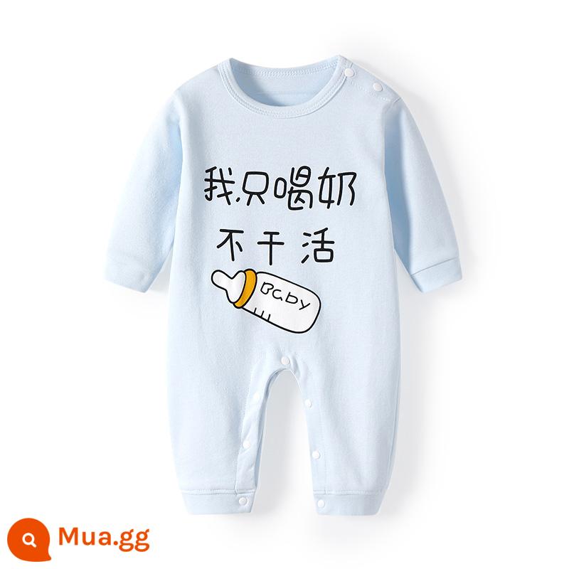 Áo liền quần cotton nguyên chất mùa thu và mùa đông đồ lót giữ nhiệt cho bé đáy quần áo đồ ngủ sơ sinh mùa xuân và mùa thu bò quần áo áo liền quần - bình sữa nhỏ màu xanh