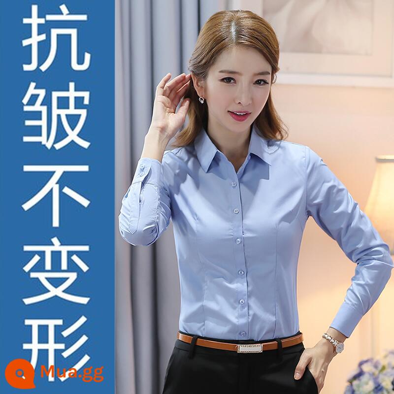 Áo sơ mi trắng cotton nguyên chất chất lượng cao dành cho nữ dài tay khí chất chuyên nghiệp quần áo làm việc mùa xuân và mùa hè trang phục công sở áo sơ mi nữ - Màu xanh [tay áo dài chống nhăn]