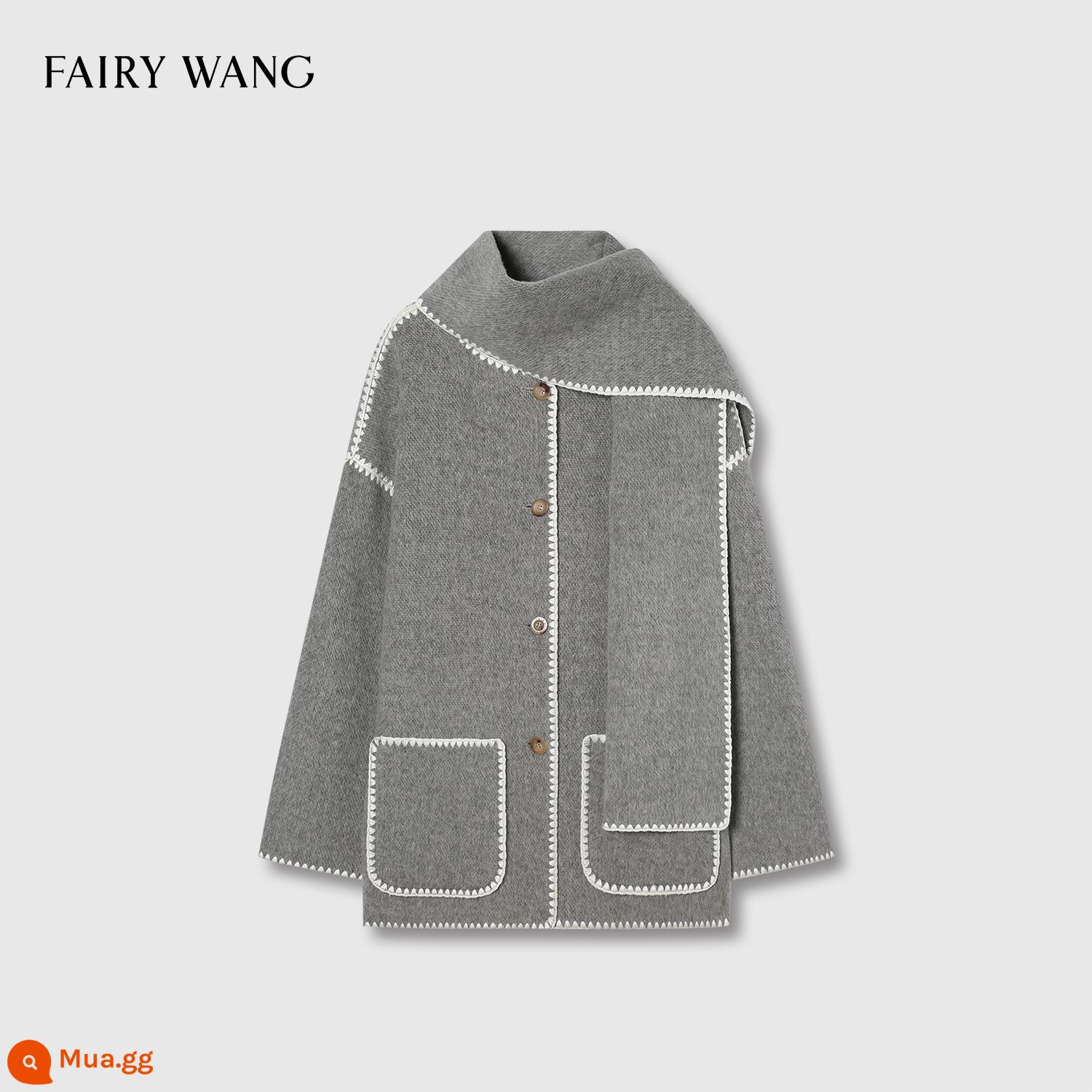 FAIRY WANG tùy biến cao cấp siêu rỗng vỏ len merino thêu lông hai mặt áo khoác có khăn quàng cổ - tro phác thảo