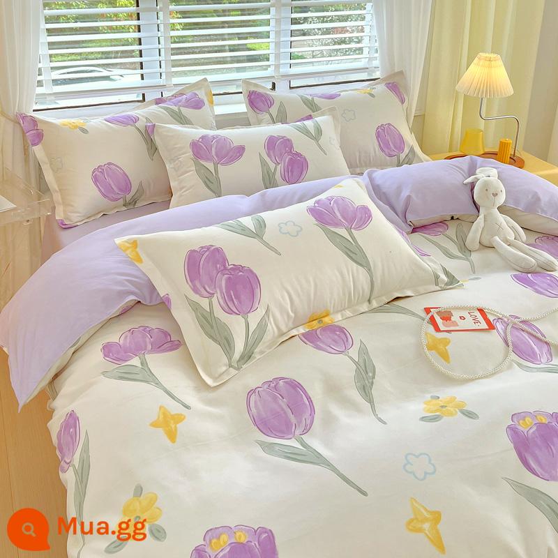 Bộ bốn món bằng cotton 100 bộ chăn ga gối đệm bằng vải cotton nguyên chất bốn mùa đơn giản thân thiện với da vỏ chăn ký túc xá sinh viên bộ ba bốn món - Tulip [Bông loại A dành cho bà mẹ và trẻ sơ sinh]