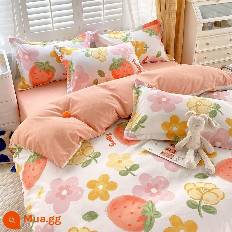 Bộ bốn món bằng cotton 100 bộ chăn ga gối đệm bằng vải cotton nguyên chất bốn mùa đơn giản thân thiện với da vỏ chăn ký túc xá sinh viên bộ ba bốn món - Dâu ngọt [Bông loại A dành cho bà mẹ và trẻ sơ sinh]