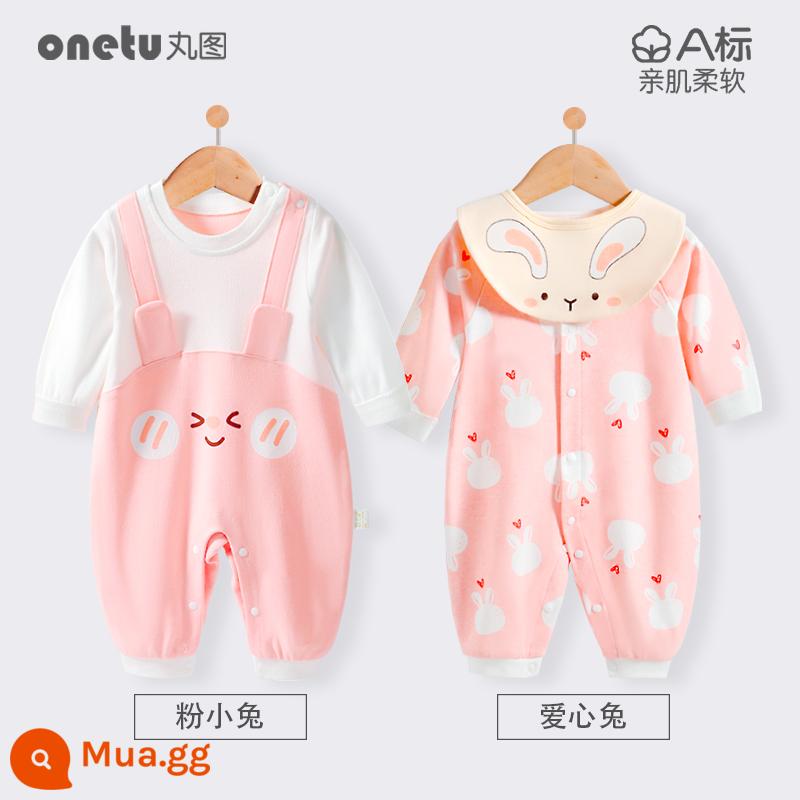 Bé cardigan áo liền quần mùa xuân và mùa thu cotton nguyên chất trăng tròn quần áo trẻ sơ sinh bé gái mùa xuân quần áo trẻ sơ sinh bé trai - Áo len cardigan thỏ + thỏ hồng