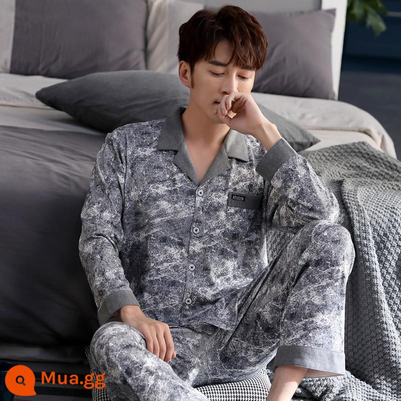 Bộ đồ ngủ nam mùa xuân và mùa thu cotton nguyên chất áo khoác cardigan dài tay cotton trẻ trung mùa đông kích thước lớn có thể được mặc bên ngoài phù hợp với dịch vụ tại nhà - L2319