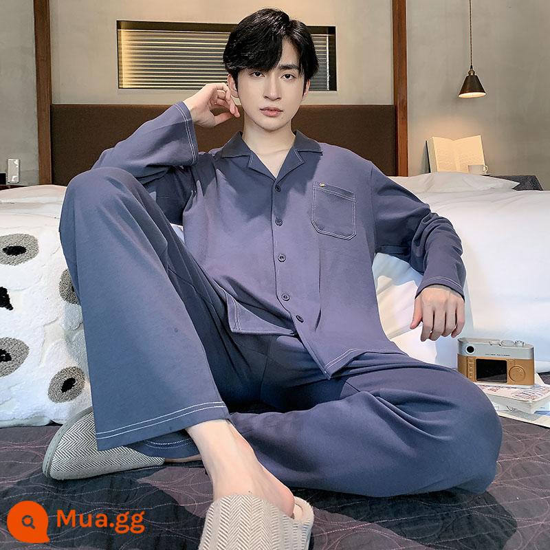 Bộ đồ ngủ nam mùa xuân và mùa thu cotton nguyên chất áo khoác cardigan dài tay cotton trẻ trung mùa đông kích thước lớn có thể được mặc bên ngoài phù hợp với dịch vụ tại nhà - 9518