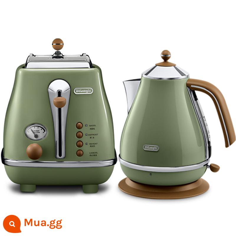 Máy Nướng Bánh Mì Đa Năng Delonghi/Dilanci Retro Hộ Gia Đình Ăn Sáng + Ấm Đun Nước Điện Bằng Thép Không Gỉ - màu xanh ô liu