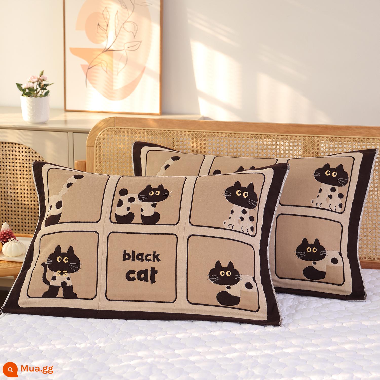 Cặp khăn gối cotton nguyên chất màu đỏ tươi lễ hội tám lớp dành cho gia đình, cặp đôi chống trượt cao cấp, không rơi, mềm mại và thấm mồ hôi - Cặp đôi mèo yêu tinh