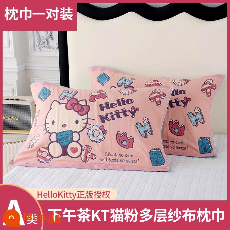 HelloKitty 8 lớp nguyên chất bông gạc dây đeo gối cặp hoạt hình hộ gia đình cotton thoáng khí gối - Trà chiều cặp khăn gối mèo hồng KT