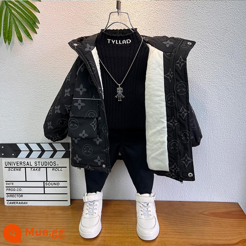 Bộ quần áo trẻ em áo khoác nỉ bé trai mùa đông 2022 new baby winter chiên đường phố quần áo cotton bé trai quần áo mùa đông mát mẻ và đẹp trai - Jiahao Beibei đen