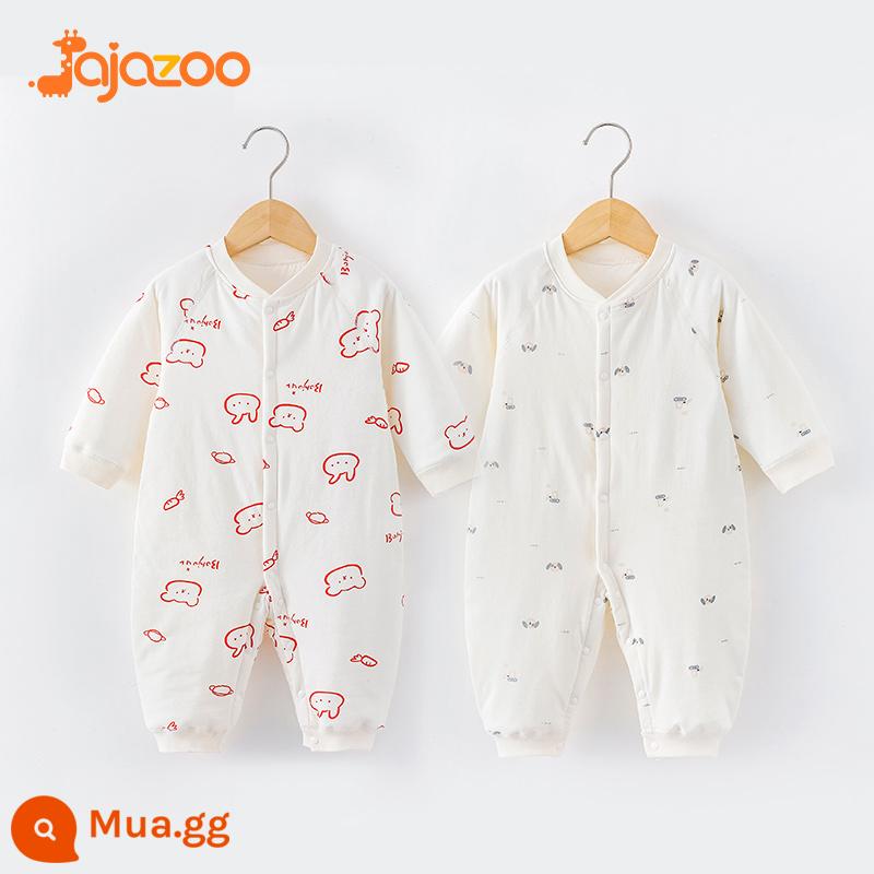 Áo liền quần cho bé mùa thu đông ấm áp nguyên chất cotton sơ sinh mỏng quần lót cotton quần áo trẻ em rompers chần bông quần áo mùa xuân - Gấu tim đỏ + Cún con xe đẩy