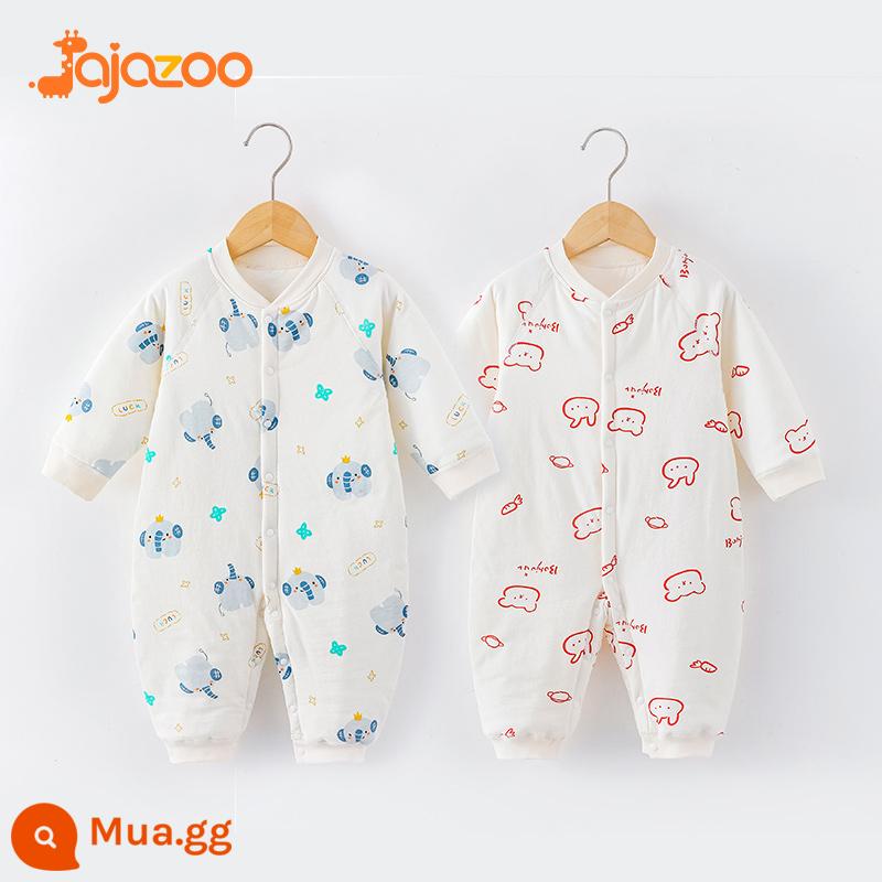 Áo liền quần cho bé mùa thu đông ấm áp nguyên chất cotton sơ sinh mỏng quần lót cotton quần áo trẻ em rompers chần bông quần áo mùa xuân - Voi mũi xanh + gấu đỏ