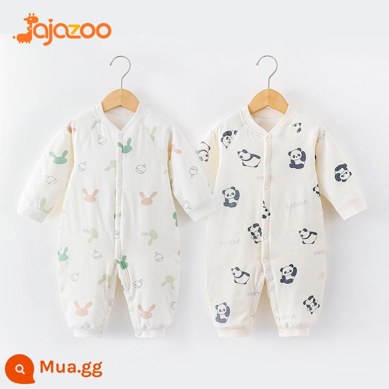 Áo liền quần cho bé mùa thu đông ấm áp nguyên chất cotton sơ sinh mỏng quần lót cotton quần áo trẻ em rompers chần bông quần áo mùa xuân - Tai thỏ + gấu trúc đỏ