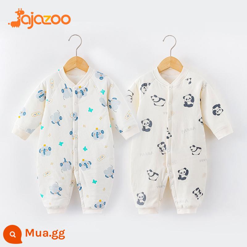 Áo liền quần cho bé mùa thu đông ấm áp nguyên chất cotton sơ sinh mỏng quần lót cotton quần áo trẻ em rompers chần bông quần áo mùa xuân - Voi con mũi xanh + gấu trúc đỏ