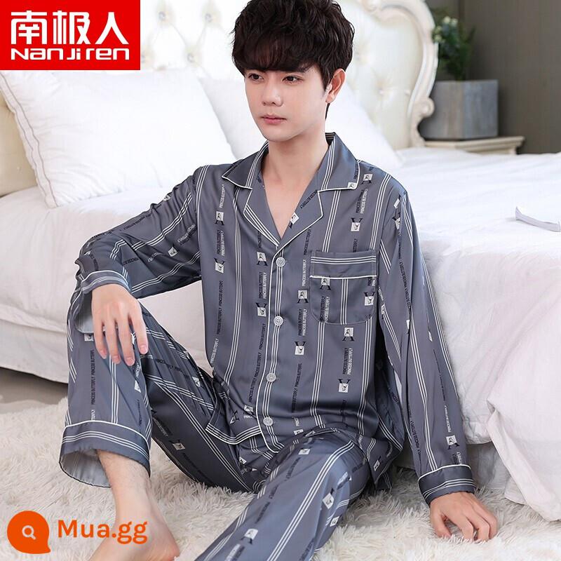 Nanjiren Pyjamas Nam Ice Silk Phần Mỏng Mùa Hè Voan Homewear Thoáng Khí Mới Lụa Ngắn Tay Bộ - NSLQ-[Satin Chiffon]-[Double Long] 22017 Sọc Dọc