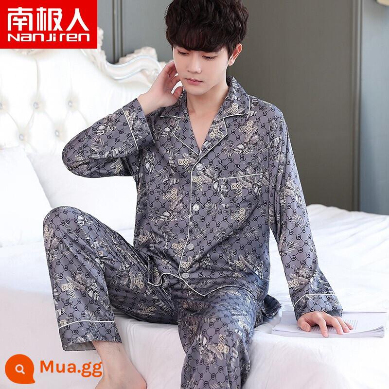 Nanjiren Pyjamas Nam Ice Silk Phần Mỏng Mùa Hè Voan Homewear Thoáng Khí Mới Lụa Ngắn Tay Bộ - NSLQ-[Satin Chiffon]-[Double Long] 22018-1 Lông mực xanh xám