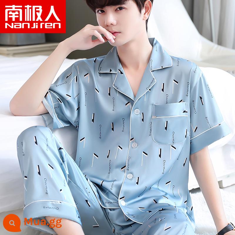 Nanjiren Pyjamas Nam Ice Silk Phần Mỏng Mùa Hè Voan Homewear Thoáng Khí Mới Lụa Ngắn Tay Bộ - NSLQ-[Satin Chiffon]-[Ngắn Dài]22020-1 Xanh Xám Quyến Rũ