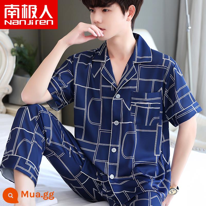 Nanjiren Pyjamas Nam Ice Silk Phần Mỏng Mùa Hè Voan Homewear Thoáng Khí Mới Lụa Ngắn Tay Bộ - NSLQ-[Satin Chiffon]-[Ngắn Dài]22026-Kẻ Sọc Xanh Navy