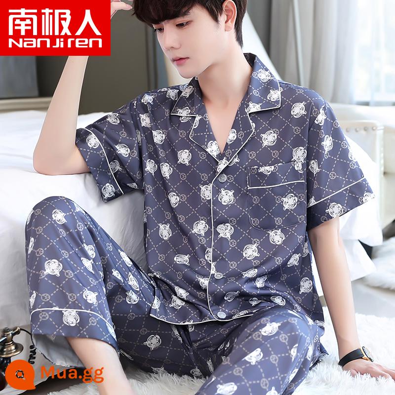 Nanjiren Pyjamas Nam Ice Silk Phần Mỏng Mùa Hè Voan Homewear Thoáng Khí Mới Lụa Ngắn Tay Bộ - NSLQ-[Satin Voan]-[Ngắn Dài]22023-2 Họa Tiết Hổ Xám Xanh