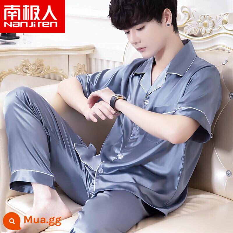 Nanjiren Pyjamas Nam Ice Silk Phần Mỏng Mùa Hè Voan Homewear Thoáng Khí Mới Lụa Ngắn Tay Bộ - NSLQ-[Quần ngắn tay]-Xanh băng