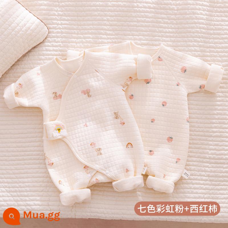 Quần áo sơ sinh, áo liền quần thu đông, quần áo ấm không xương cotton mỏng cho bé sơ sinh, quần áo mùa thu cotton thoáng khí - Hai gói Rainbow Pink + Tomato với giá tốt hơn