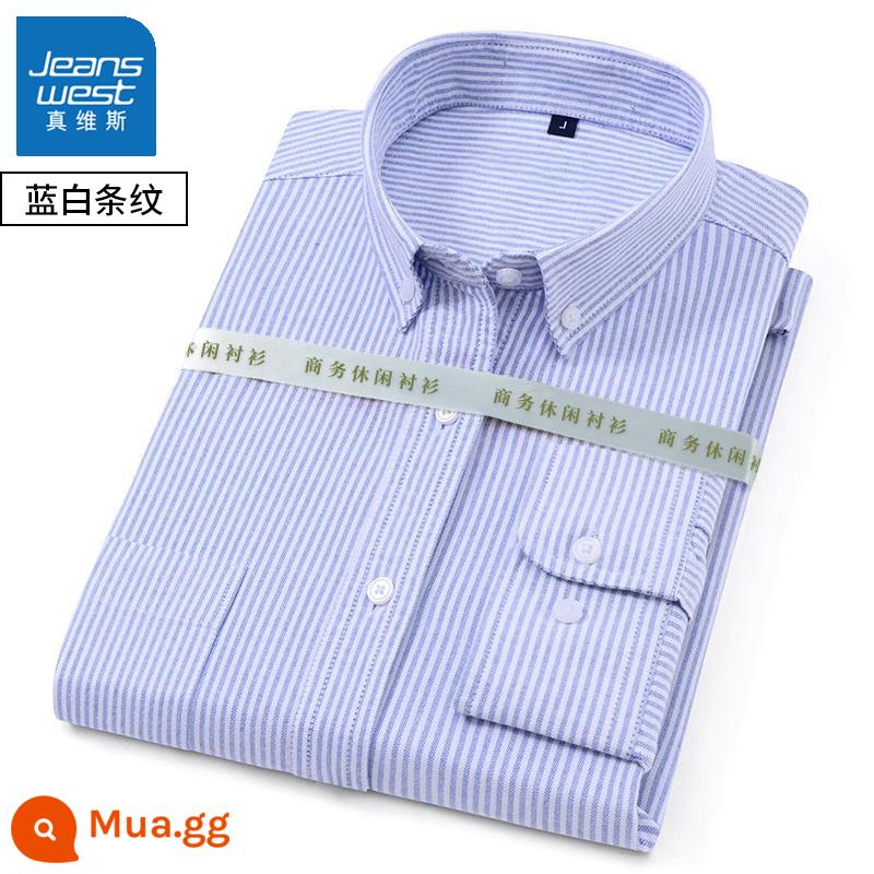 Mùa xuân và mùa thu nam dài tay cotton Oxford áo sơ mi trắng công sở bình thường đáy sọc xanh áo sơ mi áo khoác inch - 1 chiếc 59 [tay dài sọc xanh trắng] cotton nguyên chất