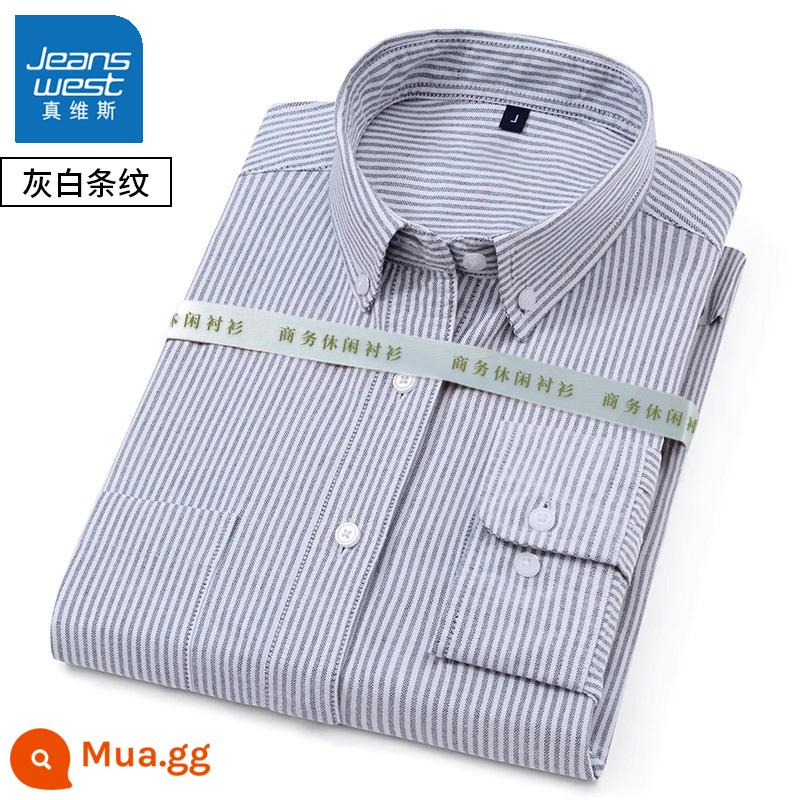 Mùa xuân và mùa thu nam dài tay cotton Oxford áo sơ mi trắng công sở bình thường đáy sọc xanh áo sơ mi áo khoác inch - 1 chiếc 59 [tay dài sọc trắng xám] cotton nguyên chất