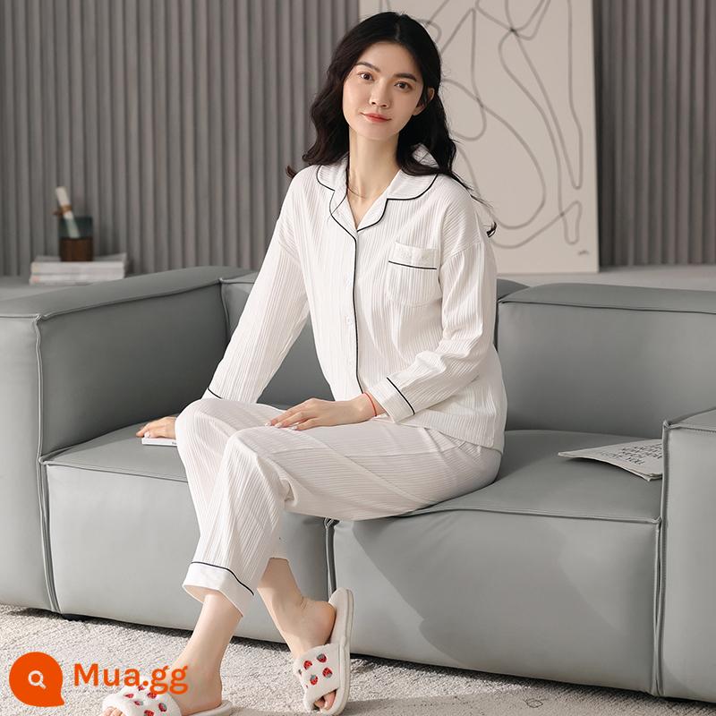 Bộ đồ ngủ cotton nguyên chất Nanjiren cho nữ xuân thu 2023 quần dài tay mới cỡ lớn có thể mặc bên ngoài quần áo ở nhà phù hợp với phụ nữ - Ninh Bạch [phong cách như mây như bông]