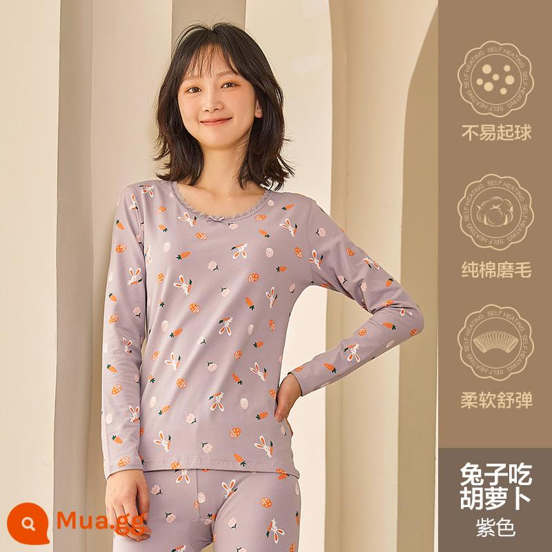 Hengyuanxiang quần áo mùa thu vệ sinh quần nữ cotton nguyên chất phù hợp với sưởi ấm quần áo cô gái học sinh đáy áo len cotton mỏng phần mùa đông - Thỏ ăn cà rốt (tím)