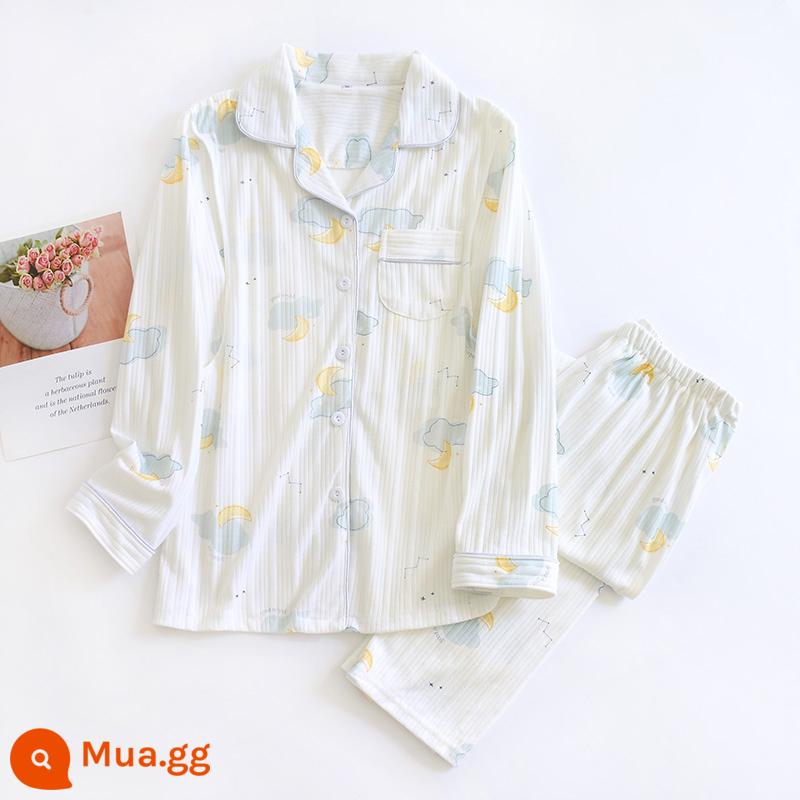 Bộ đồ ngủ dành cho bà bầu mùa xuân và mùa thu của phụ nữ cotton gạc nguyên chất quần áo giam giữ mùa hè mỏng phần sau sinh sản phụ cho con bú tháng 4 dịch vụ tại nhà 3 - [Xuân Thu] Ve áo bông nguyên chất mặt trăng