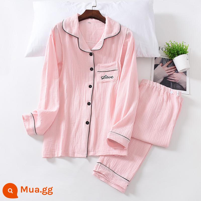 Bộ đồ ngủ dành cho bà bầu mùa xuân và mùa thu của phụ nữ cotton gạc nguyên chất quần áo giam giữ mùa hè mỏng phần sau sinh sản phụ cho con bú tháng 4 dịch vụ tại nhà 3 - [Phong Cách Xuân Thu] Crepe Lapel Màu Hồng