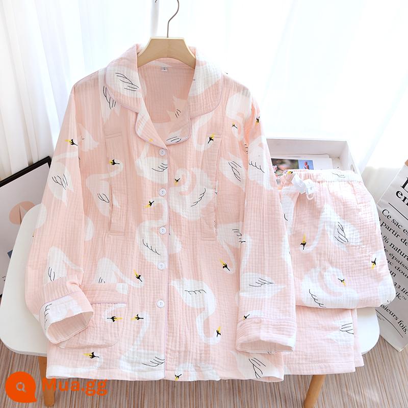 Bộ đồ ngủ dành cho bà bầu mùa xuân và mùa thu của phụ nữ cotton gạc nguyên chất quần áo giam giữ mùa hè mỏng phần sau sinh sản phụ cho con bú tháng 4 dịch vụ tại nhà 3 - [Phong Cách Xuân Thu] Crepe Ve Áo Màu Be Swan